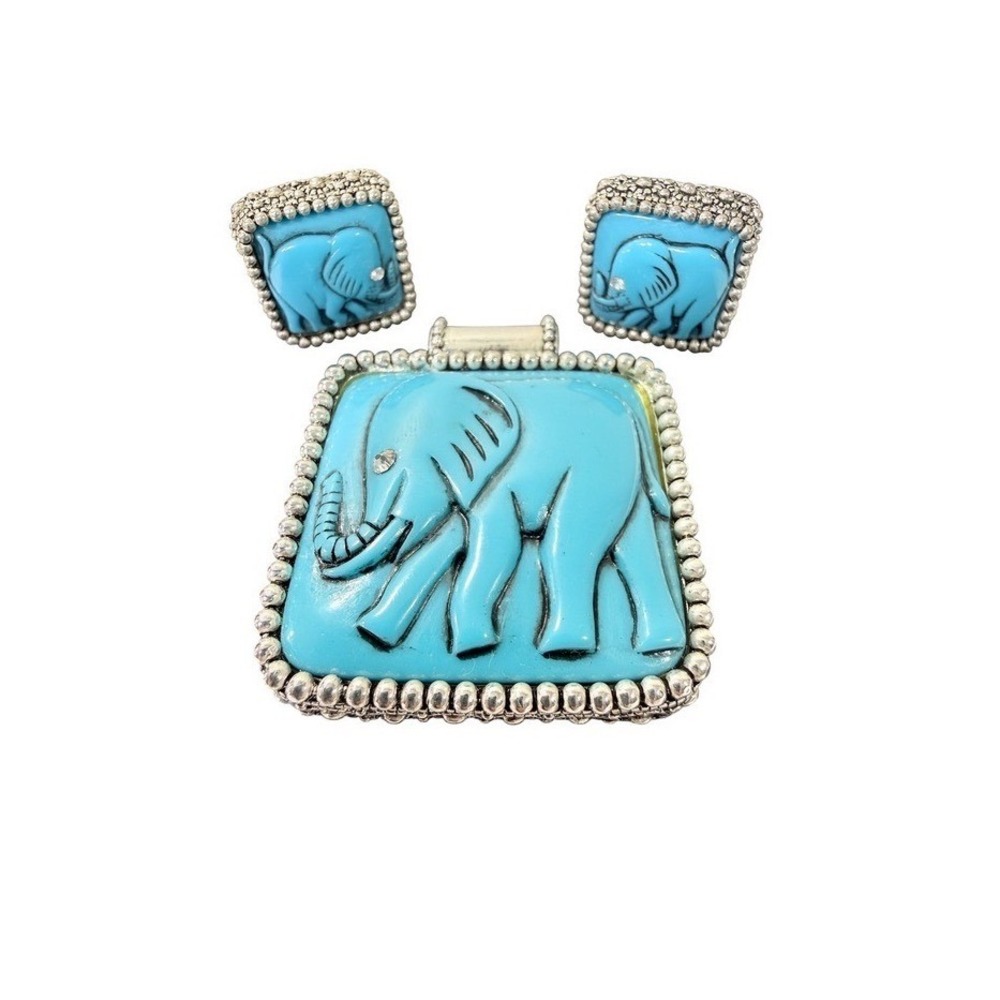 Elephant Earrings and Pendant Set Turquoise Blue Silver Tone Vintage Clip On